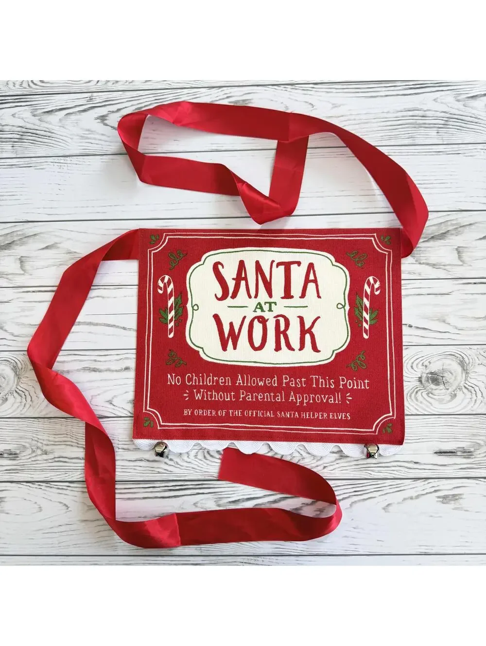Santa at Work Christmas Stair Barrier Sign Ribbon Doorway Decor Kids Keep Out